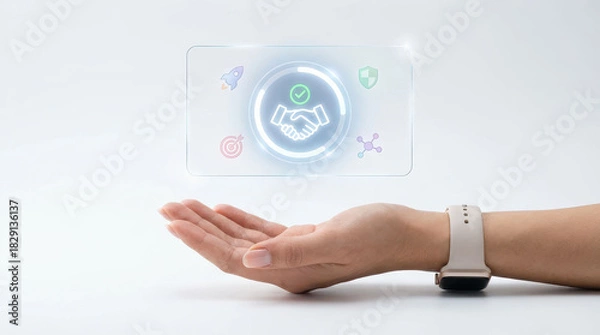 Fototapeta Hand wearing smartwatch is extended digital hologram displaying handshake icon, symbolizing agreement or partnership. hologram includes additional icons like rocket and shield, suggesting