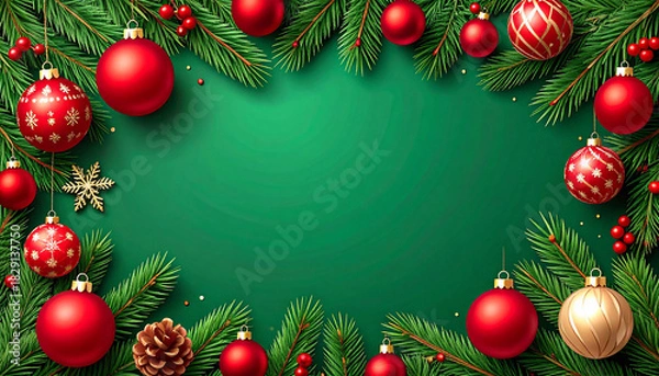 Fototapeta Fir leaves with golden baubles stars lighting garland decorated on red background and space for yo
3