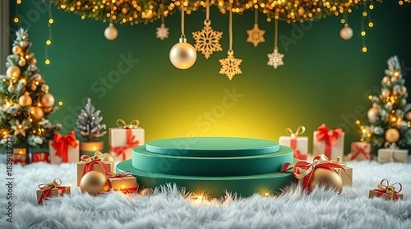 Fototapeta Christmas Stage Podium with Gifts and Decorations on Green Background