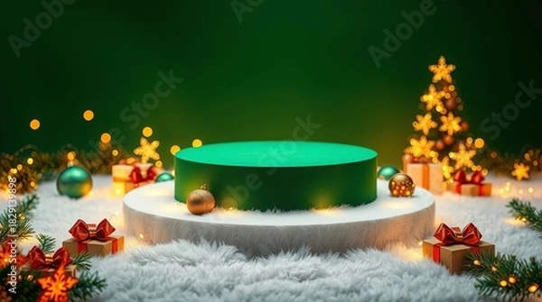Fototapeta Festive Christmas Product Display Podium with Sparkling Lights, Snowy Base, and Holiday Gifts