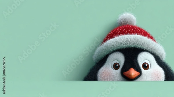 Fototapeta Cute penguin wearing red and white Christmas hat peeking over green surface with joyful expression