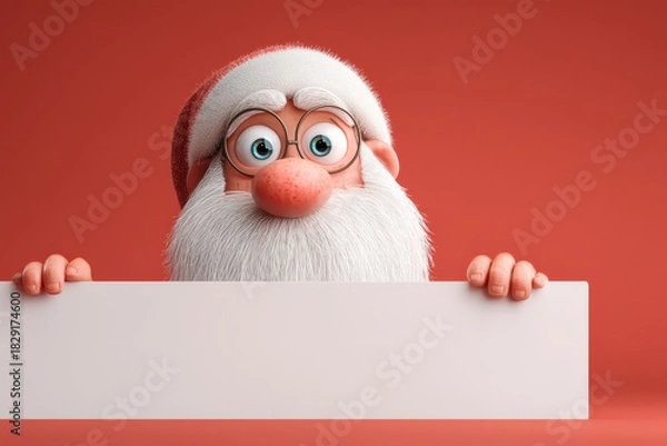 Fototapeta Santa Claus holding blank white sign with red background, festive holiday concept with cheerful expression