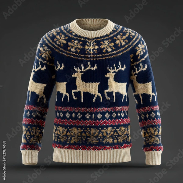 Fototapeta Christmas sweater with reindeer and snowflake pattern in navy blue, beige, and red colors, cozy winter holiday knitwear design