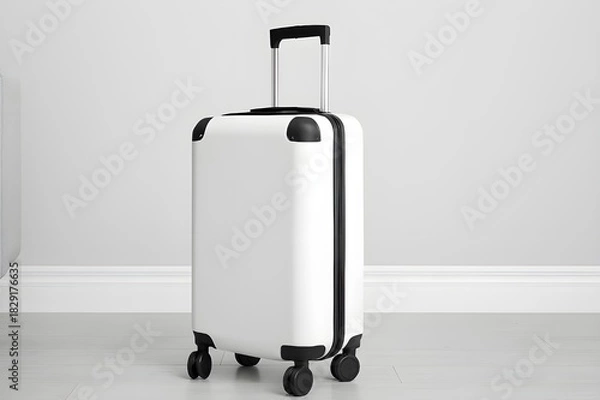 Fototapeta White Hard-Shell Suitcase with Telescopic Handle and Wheels on Minimal Background – Modern Travel Luggage Concept