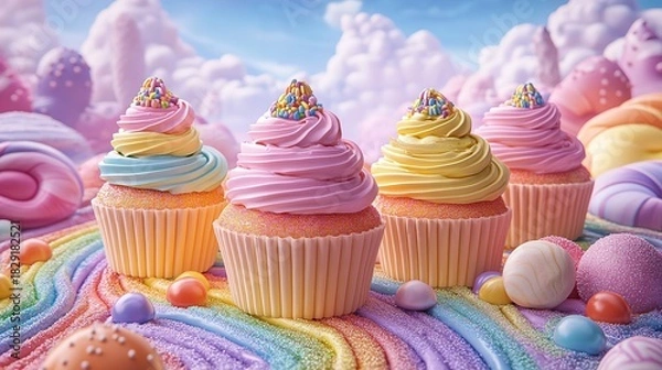 Obraz Colorful cupcakes with pastel frosting and sprinkles sitting on a candy rainbow in fantasy landscape transparent png isolated
