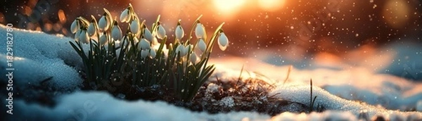 Obraz White snowdrop flowers bloom through melting snow on ground during sunset with falling snowflakes isolated transparent png