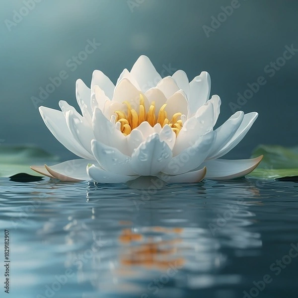 Obraz White lotus flower floats on calm water with soft reflection isolated transparent png