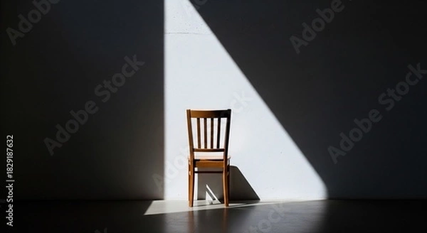 Fototapeta Wooden chair stands alone in a room highlighted by a beam of light.