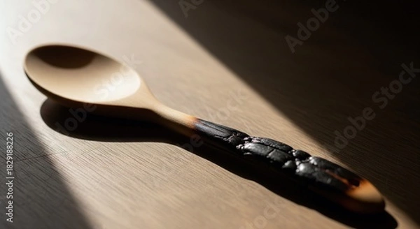 Fototapeta Wooden spoon with carved handle detail resting on wooden surface
