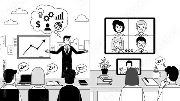 Fototapeta Business Presentation with Video Conference and Sleepy Audience Sketch Style