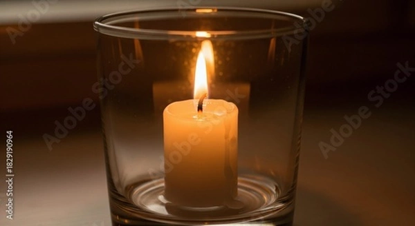 Fototapeta Warm candlelight glows softly in a clear glass holder, casting a gentle light