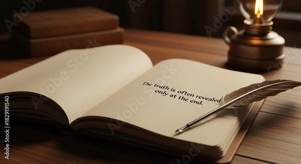 Obraz Old Book with Quill Pen on Wooden Desk under Oil Lamp, Vintage Style