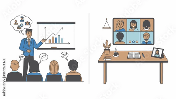 Fototapeta Business presentation versus remote virtual meeting comparison illustration