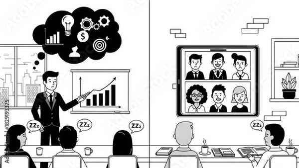 Fototapeta Monochrome Hybrid Work Meeting Presentation Chart Video Call Illustration