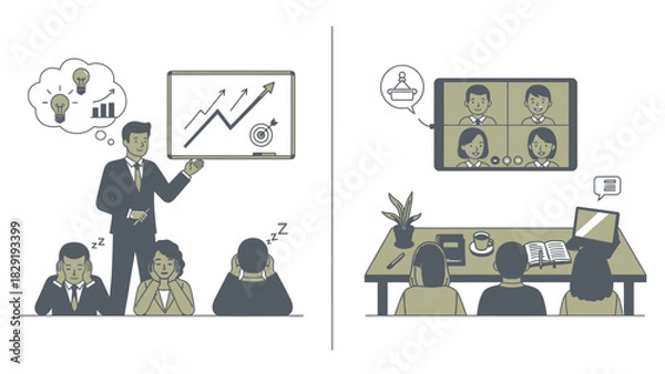 Fototapeta Virtual Versus In-Person Meetings Communication Business Presentation Success