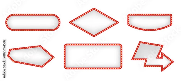 Obraz Set of retro white and red illuminated marquee arrows and signs with light bulbs for show business advertisement