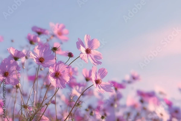 Obraz Dreamy Pink Cosmos Flowers Blossom Under Soft Sunlight Against Light Blue Sky Field of Delicate Blooms Pastel Color Palette Spring Summer Scenery