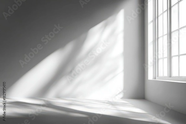 Obraz Empty White Room Corner with Sunlight Streaming Through a Window Casting Leaf Shadows on the Wall and Floor with Bright and Airy Atmosphere