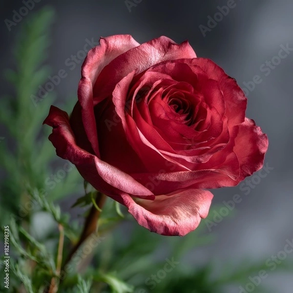 Fototapeta Deep Red Rose Bloom with Green Leaves on Soft Gray Background