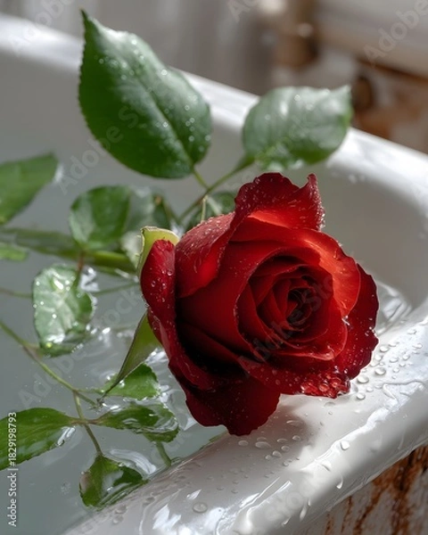 Fototapeta Fresh Red Rose with Water Drops Floating in a Bathtub Setting