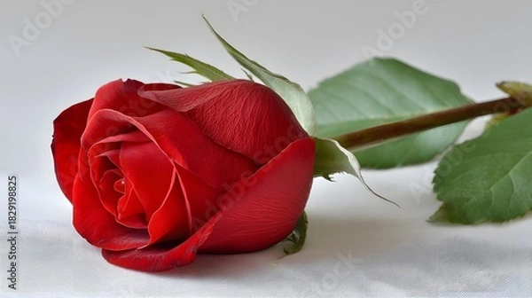 Fototapeta Elegant Red Rose on Soft White Background for Romantic Themes