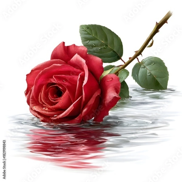 Fototapeta Stunning Red Rose Floating on Water Surface with Soft Reflections