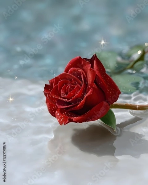 Fototapeta Red Rose on Water Surface with Sparkling Drops and Soft Background