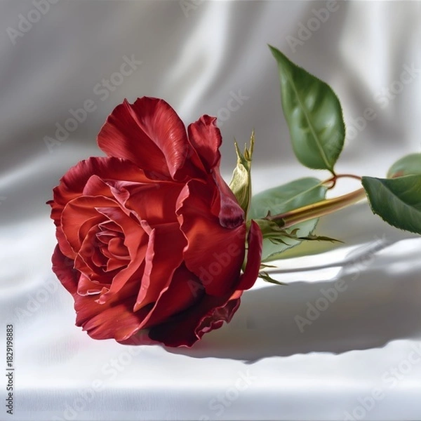 Fototapeta Beautiful Red Rose on Soft Silk Fabric with Natural Light Reflection