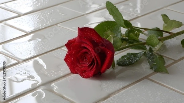 Fototapeta Red Rose with Water Drops on Glossy White Tiles Surface