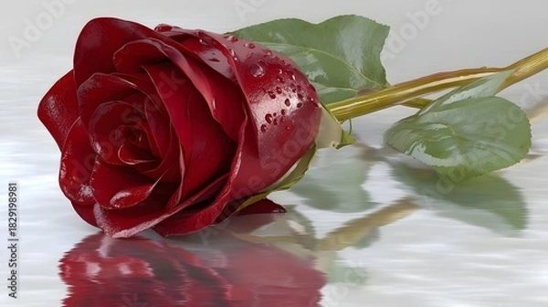 Fototapeta Beautiful Red Rose with Dew Drops on Calm Water Surface