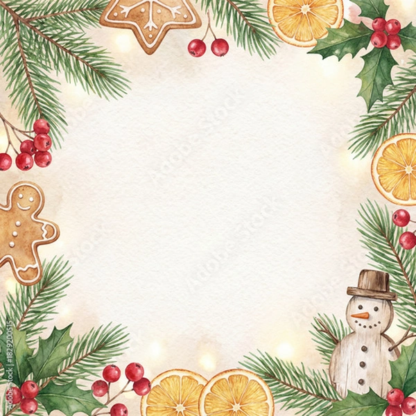 Obraz Background Christmas Watercolor Holiday Frame with Gingerbread Cookies Oranges and Cute Snowman