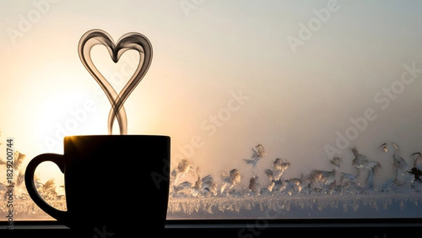 Fototapeta Coffee Cup Silhouette with Heart-Shaped Steam on Frosted Window