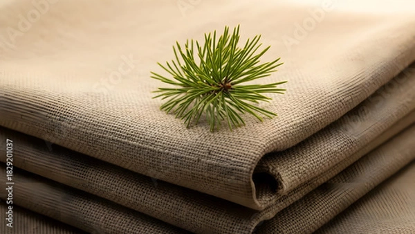 Fototapeta Green Pine Sprig on Folded Beige Linen Fabric Texture