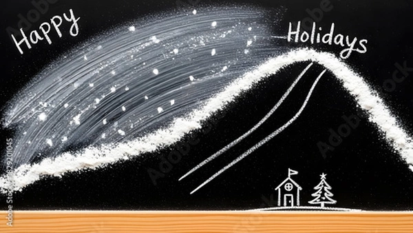 Fototapeta Happy Holidays Chalkboard Art with Snowy Hill and Sled Tracks
