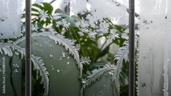 Fototapeta Frosted Glass Window with Ice Crystals and Green Plants Behind