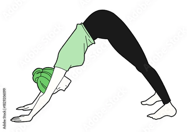 Obraz ダウンドッグをする女性の線画イラスト 緑と黒の配色