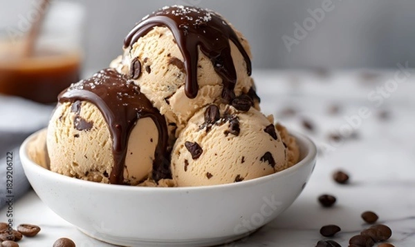 Fototapeta homemade coffee ice cream scoops stacked in a white bowl, each scoop creamy and light caramel in color with chocolate chunks throughout