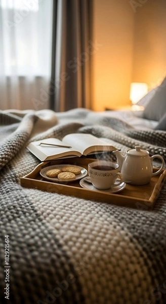 Fototapeta Breakfast in bed tea and cookies beside an open book