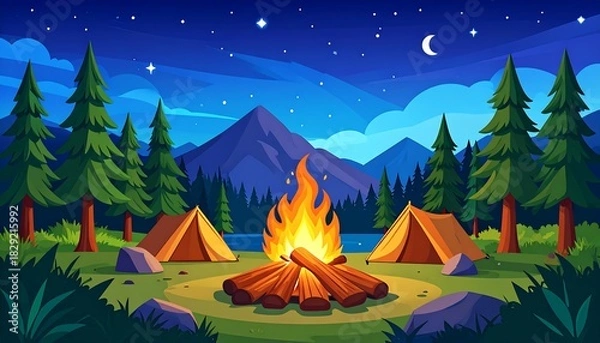 Obraz Enchanting night camping landscape with a blazing campfire under starry sky