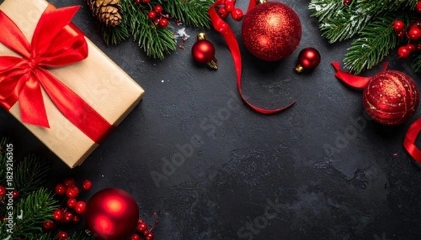 Obraz A top-down luxury holiday composition on a dark slate surface. A beige gift box with a red satin ribbon is positioned in the corner, framed by pine branches and red baubles.