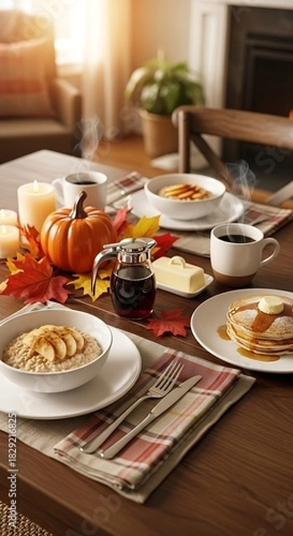 Fototapeta Breakfast table setting with pancakes oatmeal pumpkin and coffee