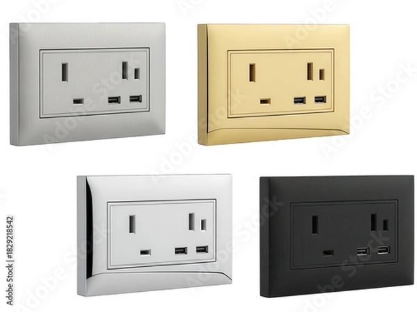 Fototapeta Modern power socket with usb ports in different finishes isolated on transparent background