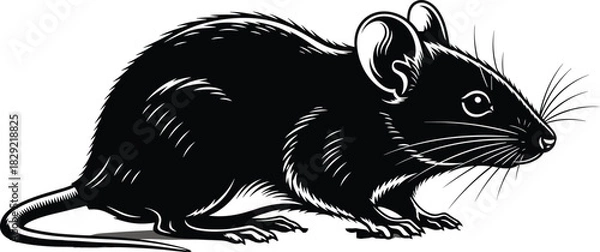 Obraz Highly Detailed Black and White Rat or Mouse Vector Illustration, Rodent Animal with Whiskers, Mammal Side View Graphic Design Isolated on White Background for Sticker, Logo, or Pest Control Artwork