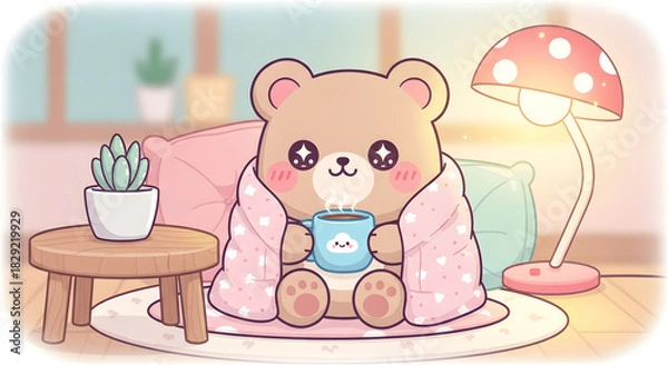 Obraz Cozy Kawaii Bear Enjoying Hot Drink in a Quilted Blanket on a Round Rug