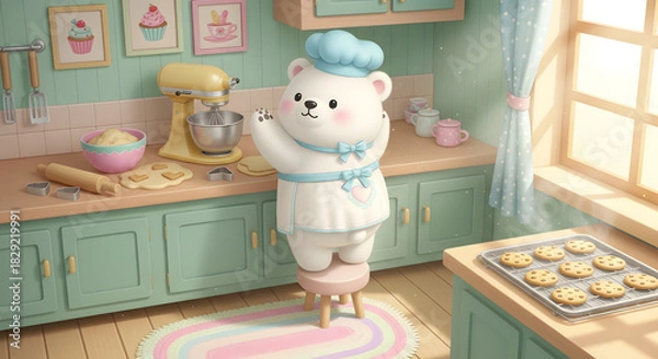 Obraz Adorable Animated Bear Baking Cookies in a Cozy Kitchen with a Mixer and Freshly Baked Treats