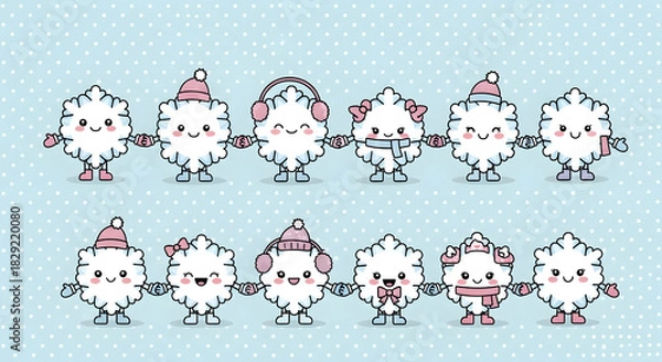 Obraz Adorable Snowflake Characters with Accessories A Charming Winter Illustration for Festive Designs