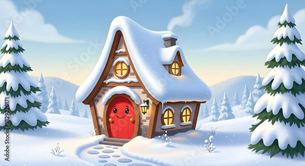 Obraz Whimsical snow-covered cottage with a cheerful red door and glowing windows, nestled in a tranquil winter wonderland of frosted pine trees