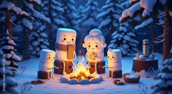 Obraz An adorable marshmallow family sharing a heartwarming moment around a cozy campfire in a snowy winter forest