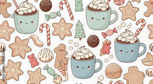 Obraz Festive Delights A Whimsical Christmas Treat Pattern with Gingerbread and Hot Chocolate