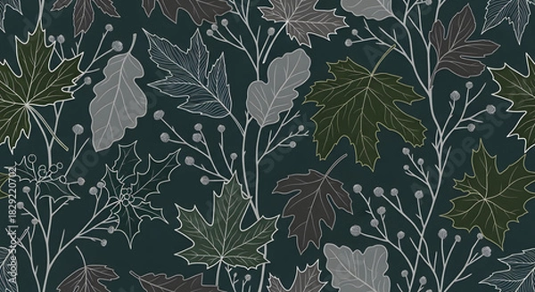 Obraz Seamless pattern of autumn leaves and branches on a dark teal background, botanical illustration style